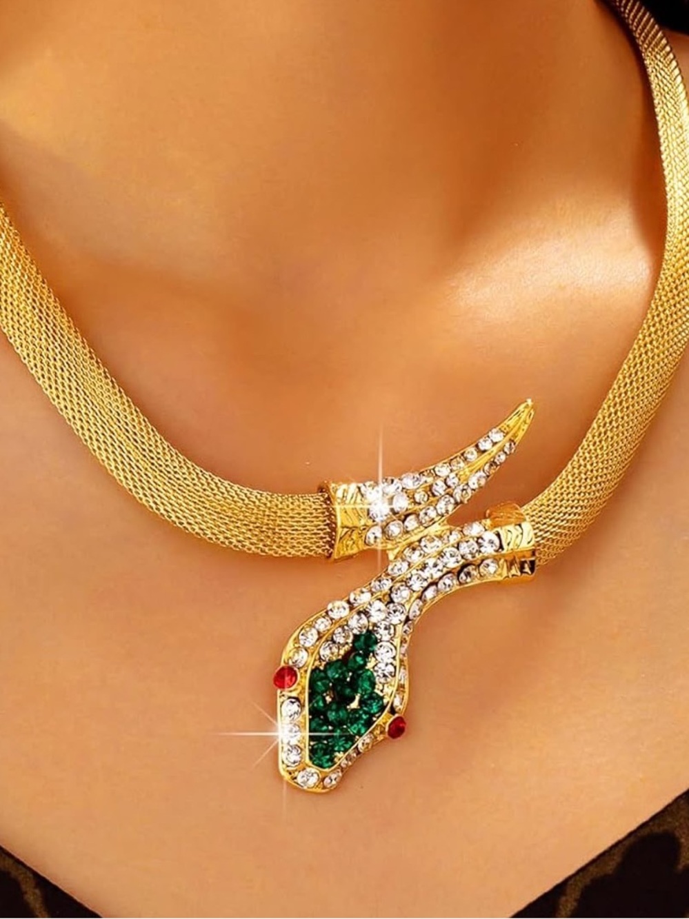 Anthropologie Gold-Tone Snake Necklace with Green & Red Accents - Picture 5 of 8